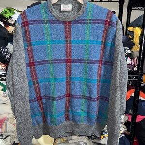 Vintage 70s Pringle Of Scotland 100% Lambs Wool Plaid Sweater Size Medium